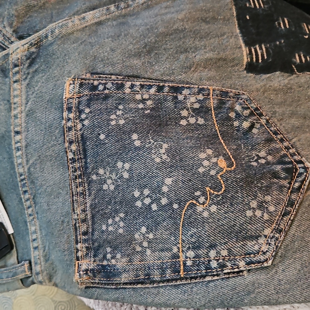 Free People Illusions Patchwork Printed Jeans Barrel Leg Relaxed Indigo 27 NWT - Picture 11 of 15